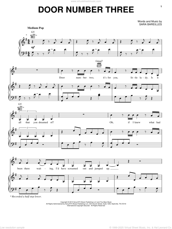 Door Number Three sheet music for voice, piano or guitar by Sara Bareilles, intermediate skill level