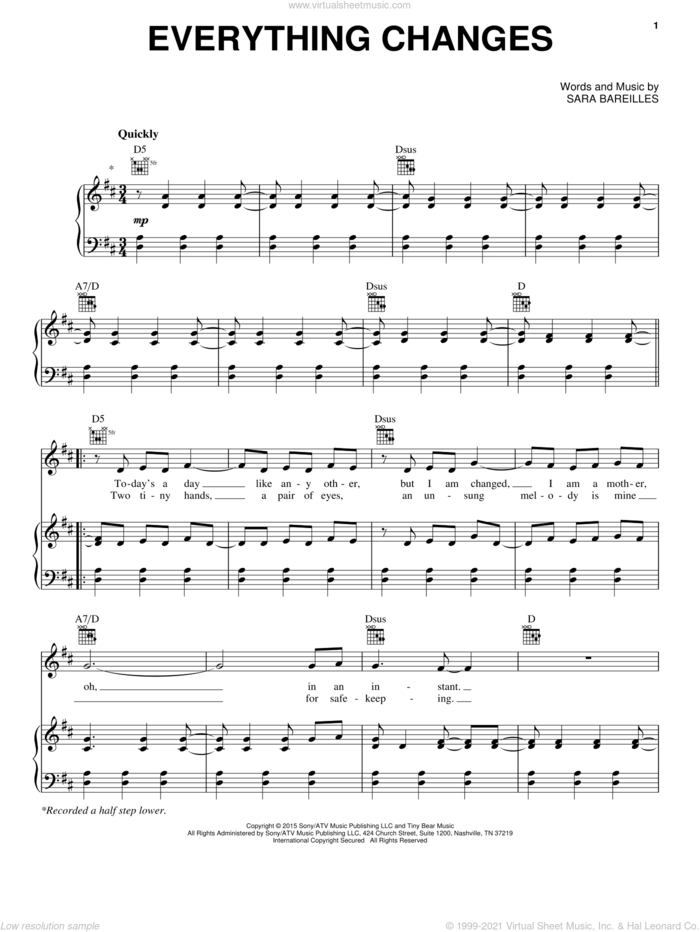 Everything Changes (from Waitress The Musical) sheet music for voice, piano or guitar by Sara Bareilles, intermediate skill level