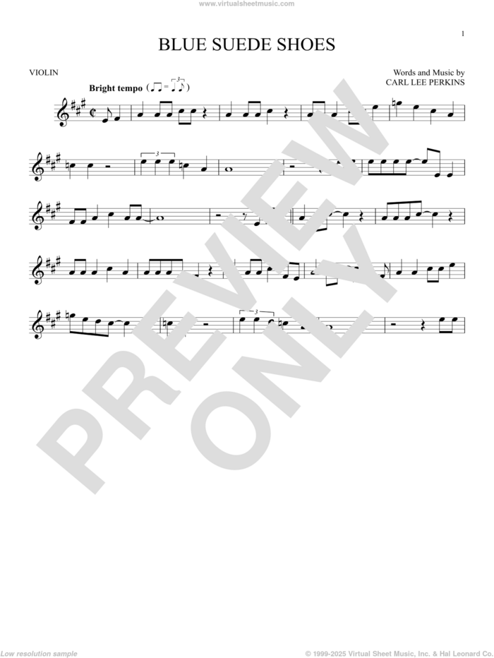 Blue Suede Shoes sheet music for violin solo by Carl Perkins and Elvis Presley, intermediate skill level