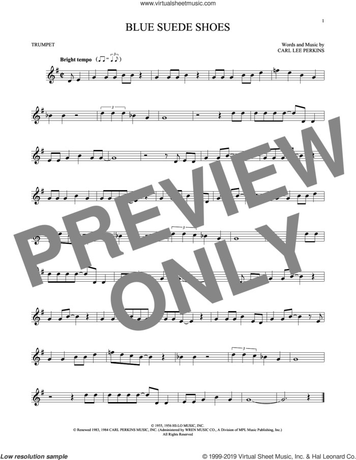 Blue Suede Shoes sheet music for trumpet solo by Carl Perkins and Elvis Presley, intermediate skill level