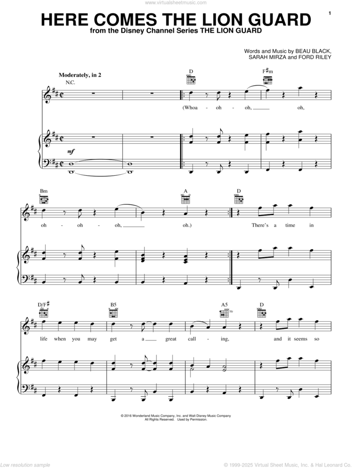 Here Comes The Lion Guard sheet music for voice, piano or guitar by Beau Black, Ford Riley and Sarah Mirza, intermediate skill level