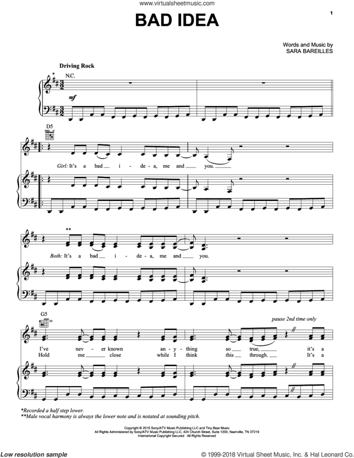 Bad Idea (from Waitress The Musical) sheet music for voice, piano or guitar by Sara Bareilles, intermediate skill level
