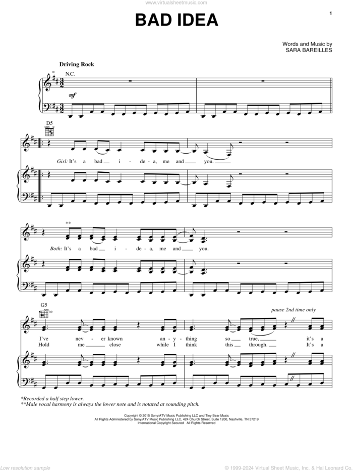 Bad Idea (from Waitress The Musical) sheet music for voice, piano or guitar by Sara Bareilles, intermediate skill level