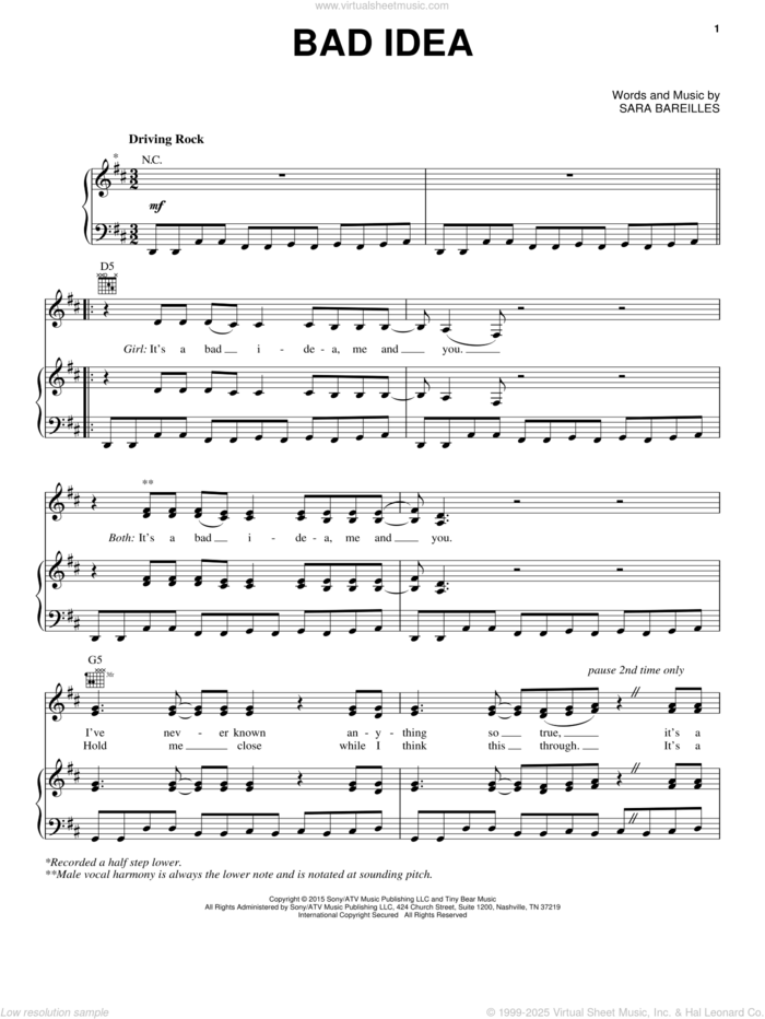 Bad Idea (from Waitress The Musical) sheet music for voice, piano or guitar by Sara Bareilles, intermediate skill level