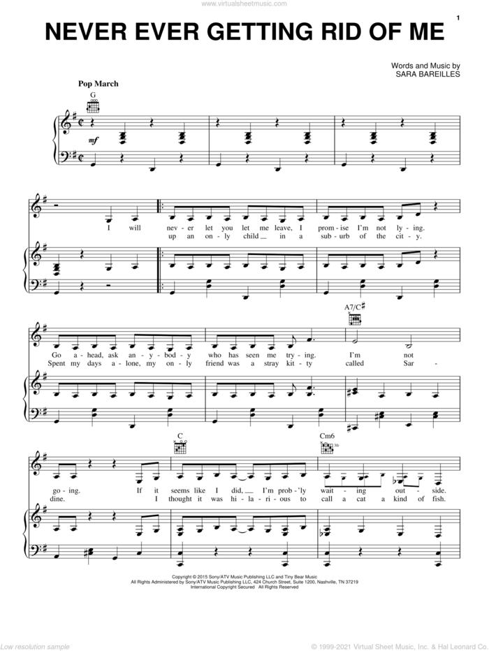 Never Ever Getting Rid Of Me (from Waitress The Musical) sheet music for voice, piano or guitar by Sara Bareilles, intermediate skill level