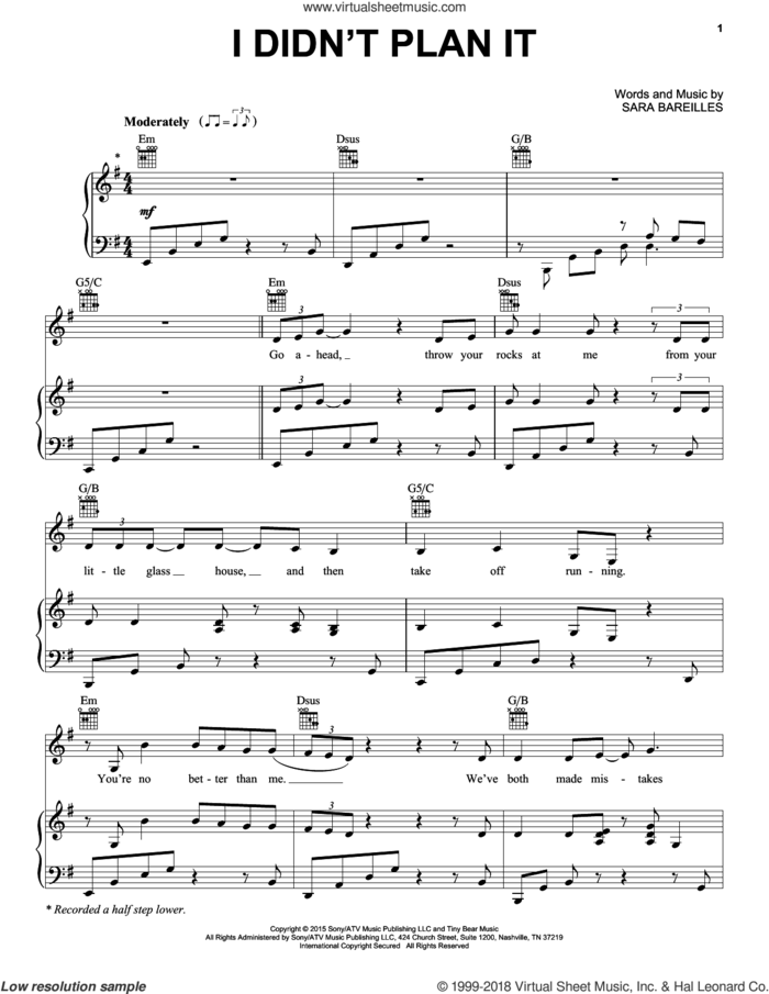 I Didn't Plan It (from Waitress The Musical) sheet music for voice, piano or guitar by Sara Bareilles, intermediate skill level