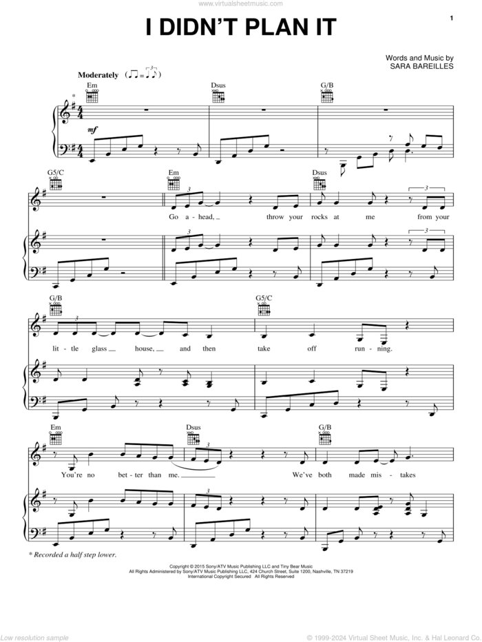 I Didn't Plan It (from Waitress The Musical) sheet music for voice, piano or guitar by Sara Bareilles, intermediate skill level