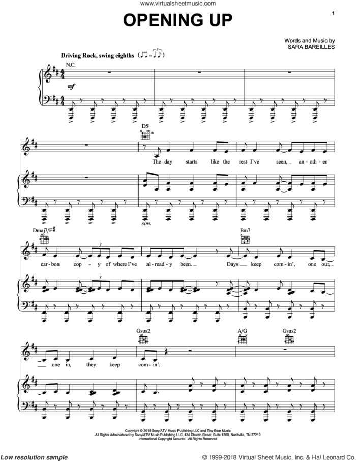 Opening Up (from Waitress The Musical) sheet music for voice, piano or guitar by Sara Bareilles, intermediate skill level