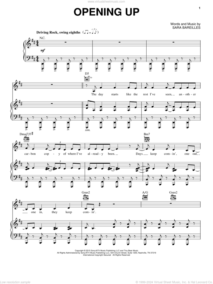 Opening Up (from Waitress The Musical) sheet music for voice, piano or guitar by Sara Bareilles, intermediate skill level