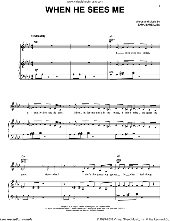 When He Sees Me (from Waitress The Musical) sheet music for voice, piano or guitar by Sara Bareilles, intermediate skill level