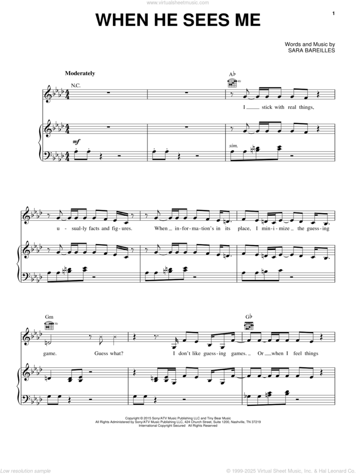 When He Sees Me (from Waitress The Musical) sheet music for voice, piano or guitar by Sara Bareilles, intermediate skill level