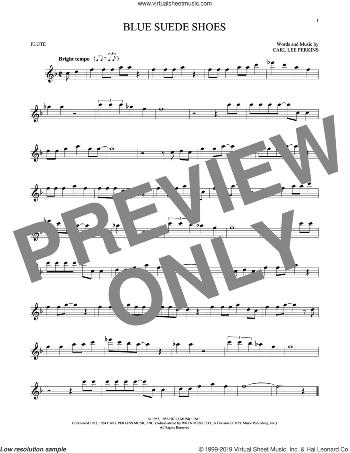 Blue Suede Shoes sheet music for flute solo by Carl Perkins and Elvis Presley, intermediate skill level