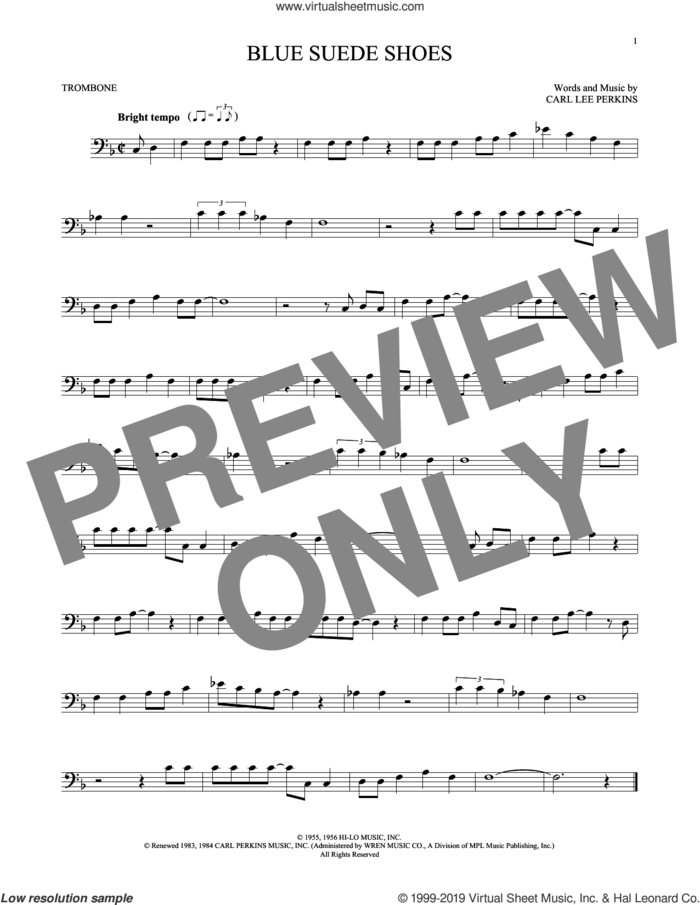 Blue Suede Shoes sheet music for trombone solo by Carl Perkins and Elvis Presley, intermediate skill level