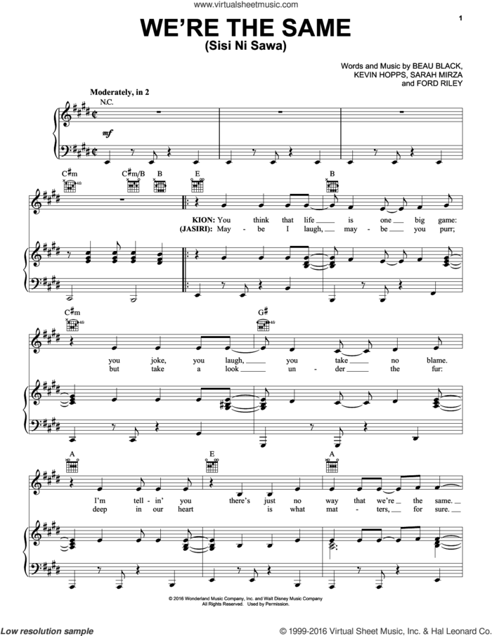 We're The Same (Sisi Ni Sawa) sheet music for voice, piano or guitar by Sarah Mirza, Beau Black, Ford Riley and Kevin Hopps, intermediate skill level