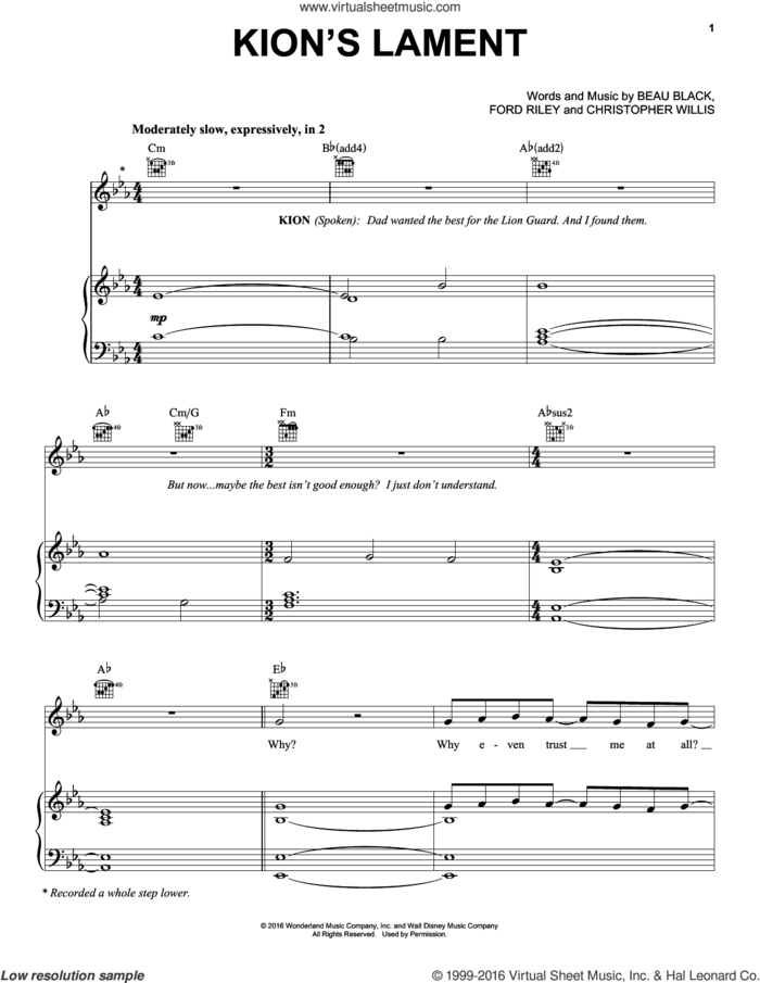 Kion's Lament sheet music for voice, piano or guitar by Ford Riley, Beau Black and Christopher Willis, intermediate skill level
