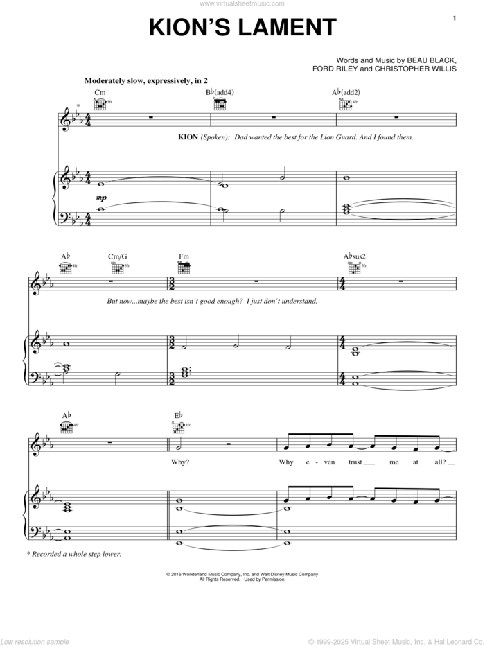 Kion's Lament sheet music for voice, piano or guitar by Ford Riley, Beau Black and Christopher Willis, intermediate skill level