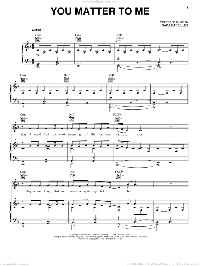 You Matter To Me (from Waitress The Musical) sheet music for voice, piano or guitar by Sara Bareilles, intermediate skill level