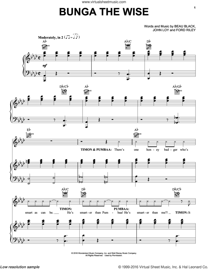 Bunga The Wise sheet music for voice, piano or guitar by John Loy, Beau Black and Ford Riley, intermediate skill level