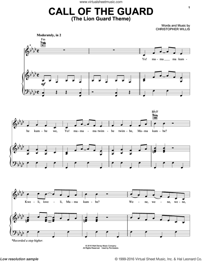 Call Of The Guard (The Lion Guard Theme) sheet music for voice, piano or guitar by Christopher Willis, intermediate skill level