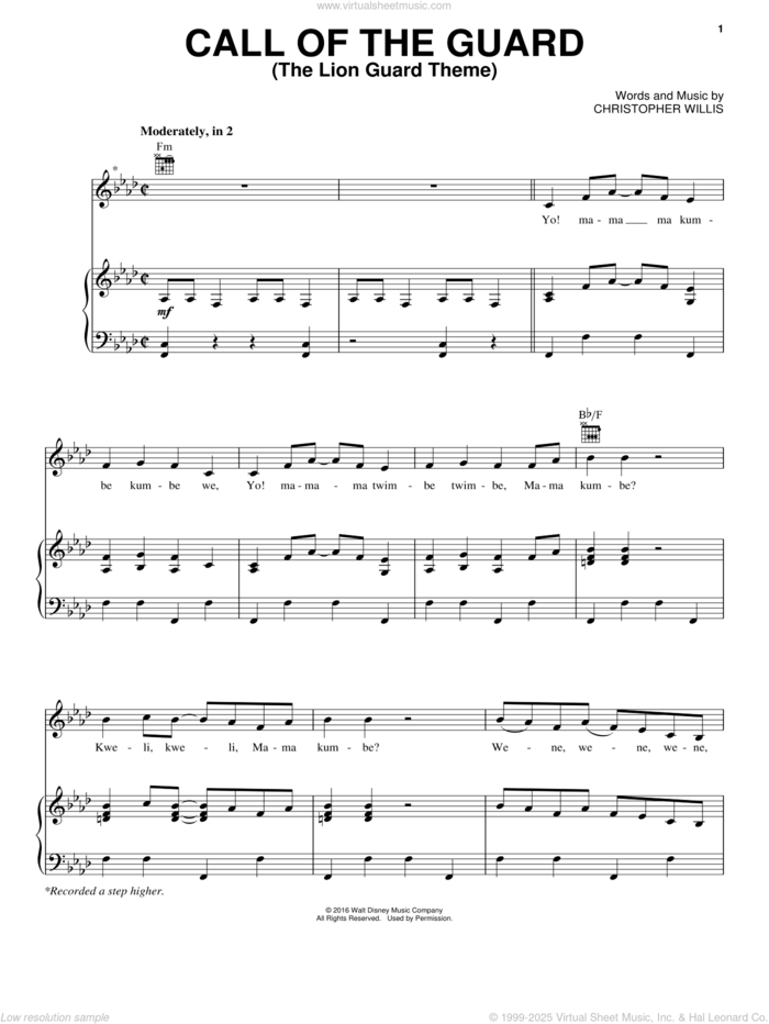 Call Of The Guard (The Lion Guard Theme) sheet music for voice, piano or guitar by Christopher Willis, intermediate skill level