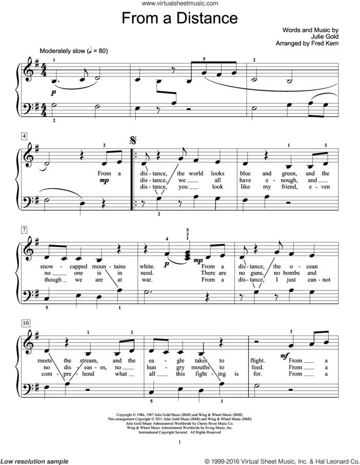 From A Distance sheet music for piano solo (elementary) by Bette Midler and Julie Gold, beginner piano (elementary)