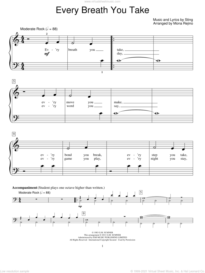 Every Breath You Take sheet music for piano solo (elementary) by The Police and Sting, beginner piano (elementary)