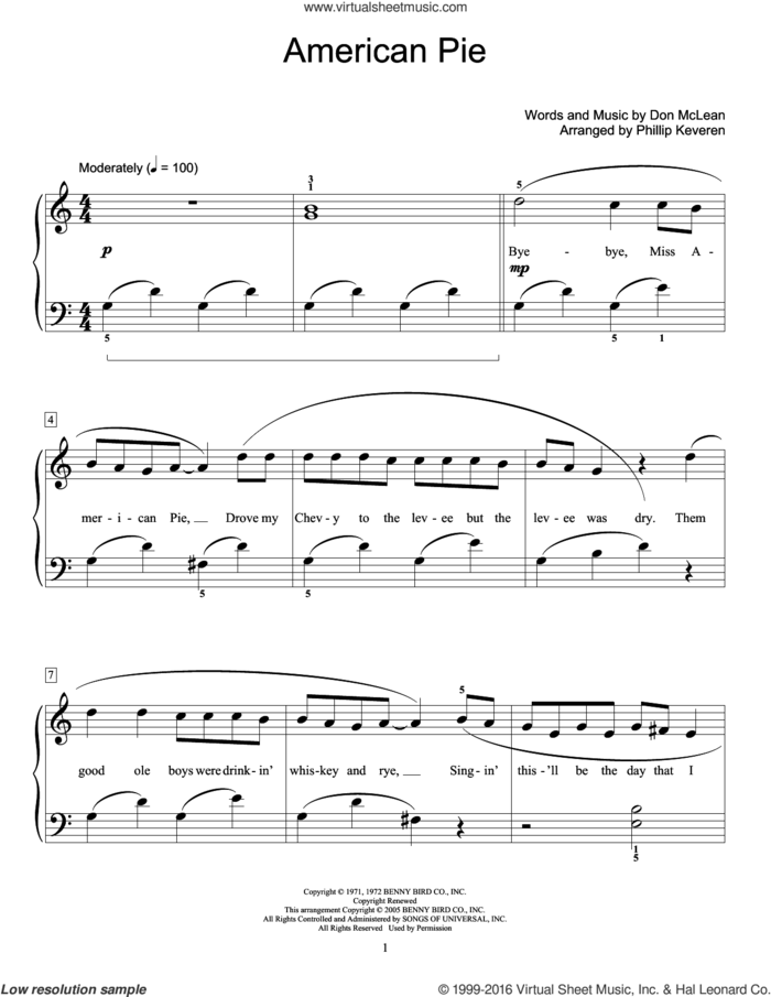 American Pie (arr. Phillip Keveren) sheet music for piano solo (elementary) by Don McLean, Phillip Keveren, Fred Kern and Mona Rejino, beginner piano (elementary)