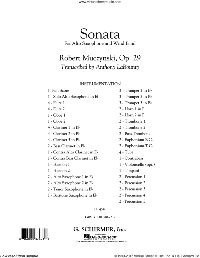 Sonata for Alto Saxophone, Op. 29 (COMPLETE) sheet music for concert band by Robert Muczynski and Anthony LaBounty, classical score, intermediate skill level