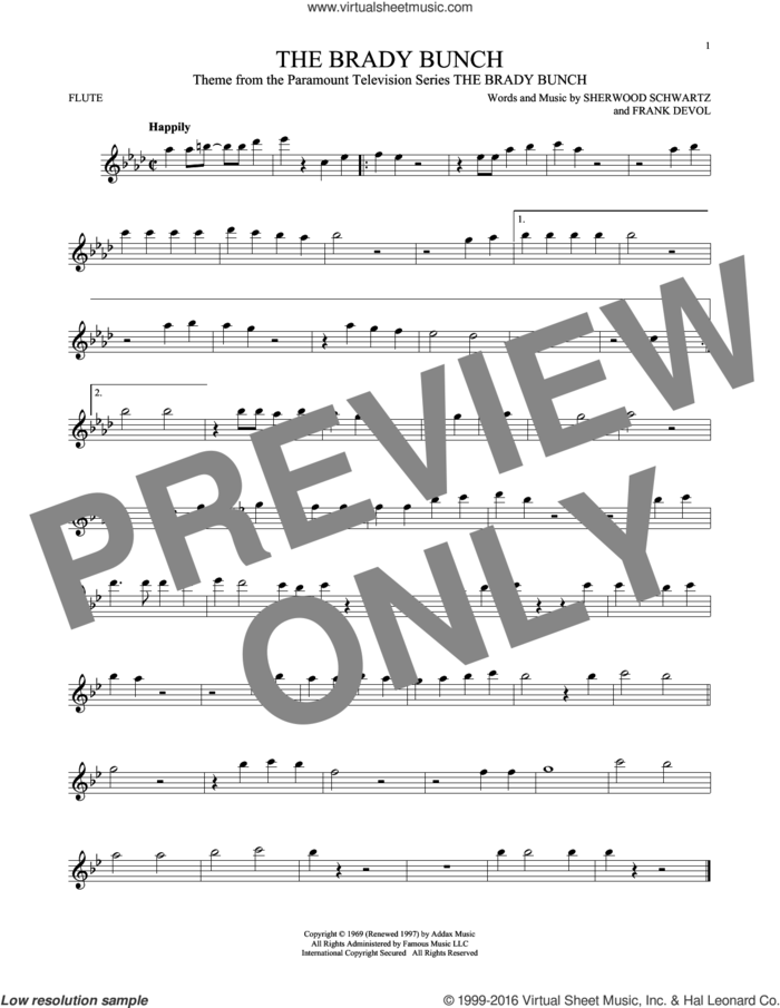 The Brady Bunch sheet music for flute solo by Frank DeVol and Sherwood Schwartz, intermediate skill level