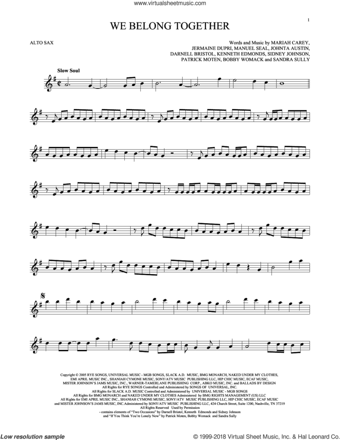We Belong Together sheet music for alto saxophone solo by Mariah Carey, intermediate skill level