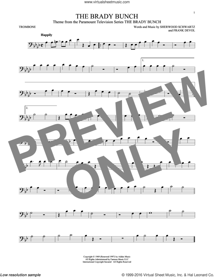 The Brady Bunch sheet music for trombone solo by Frank DeVol and Sherwood Schwartz, intermediate skill level