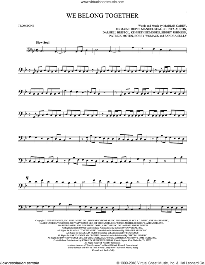 We Belong Together sheet music for trombone solo by Mariah Carey, intermediate skill level