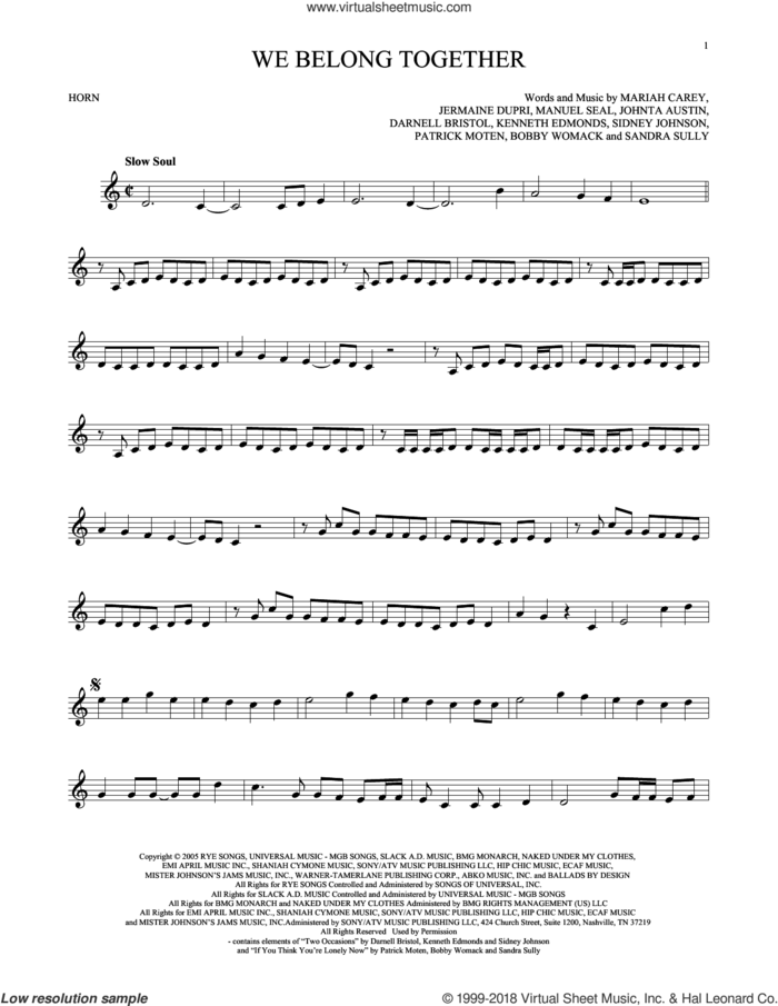 We Belong Together sheet music for horn solo by Mariah Carey, intermediate skill level