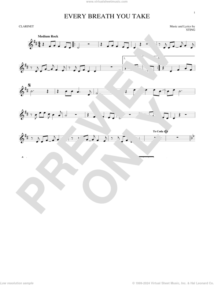 Every Breath You Take sheet music for clarinet solo by The Police and Sting, intermediate skill level