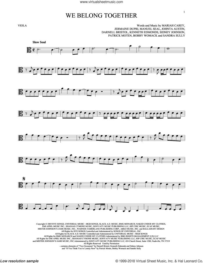 We Belong Together sheet music for viola solo by Mariah Carey, intermediate skill level