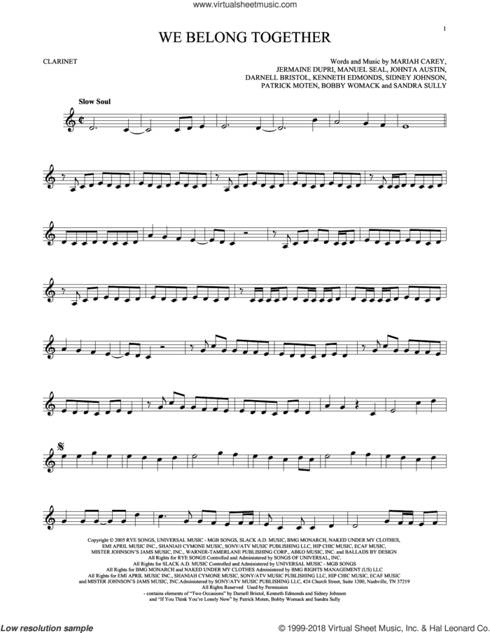 We Belong Together sheet music for clarinet solo by Mariah Carey, intermediate skill level