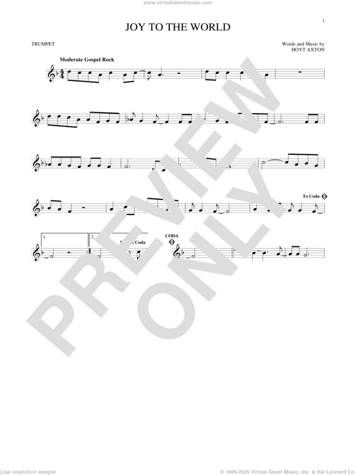 Joy To The World sheet music for trumpet solo by Three Dog Night and Hoyt Axton, intermediate skill level