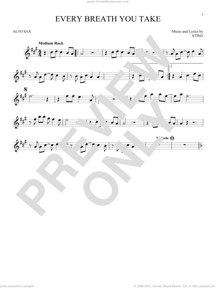 Every Breath You Take sheet music for alto saxophone solo by The Police and Sting, intermediate skill level