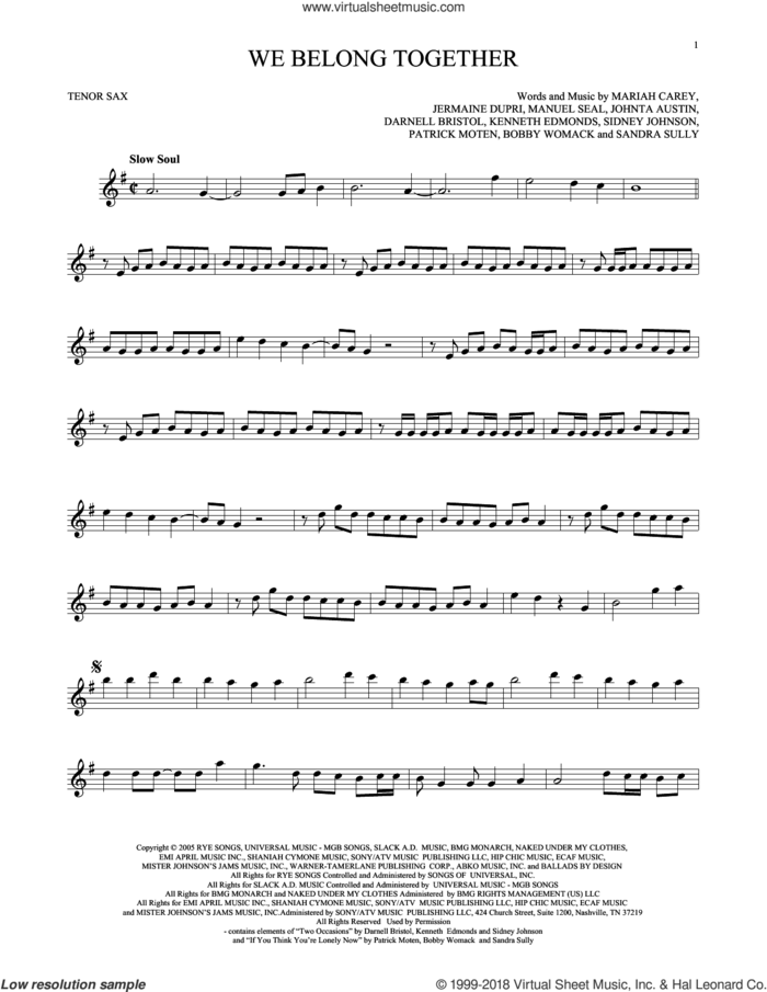 We Belong Together sheet music for tenor saxophone solo by Mariah Carey, intermediate skill level