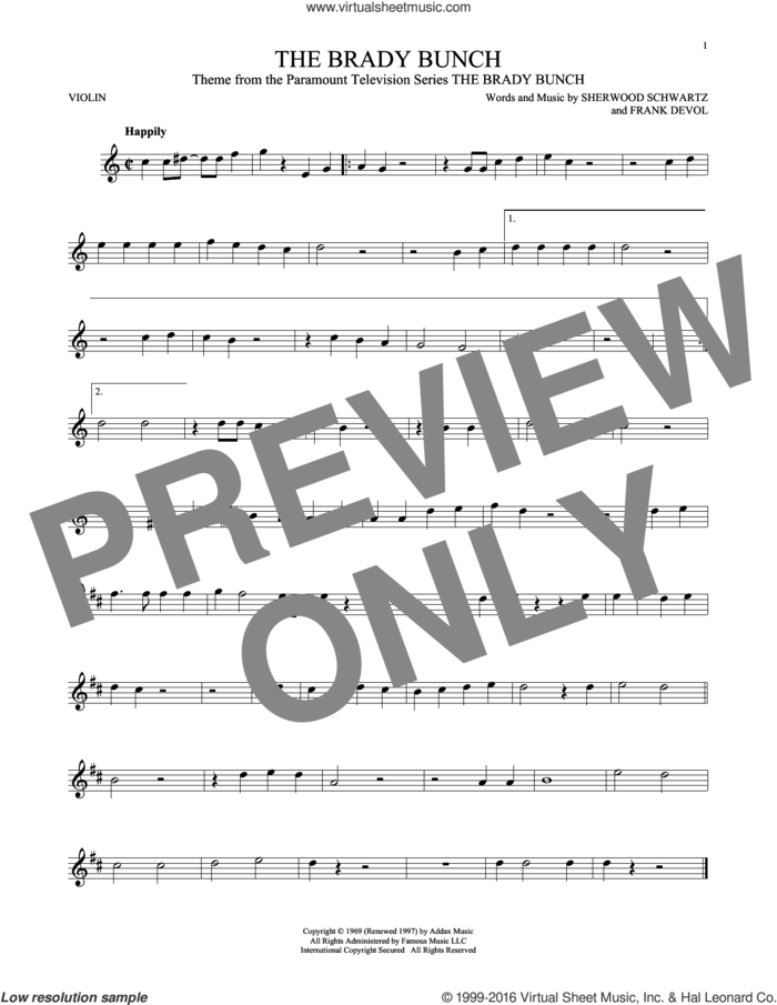 The Brady Bunch sheet music for violin solo by Frank DeVol and Sherwood Schwartz, intermediate skill level