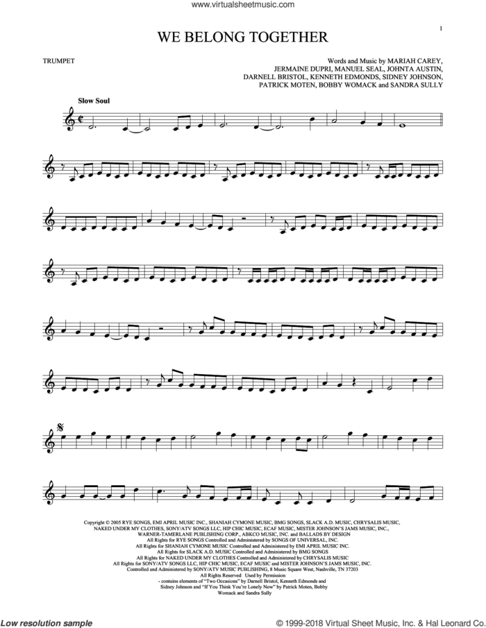 We Belong Together sheet music for trumpet solo by Mariah Carey, intermediate skill level