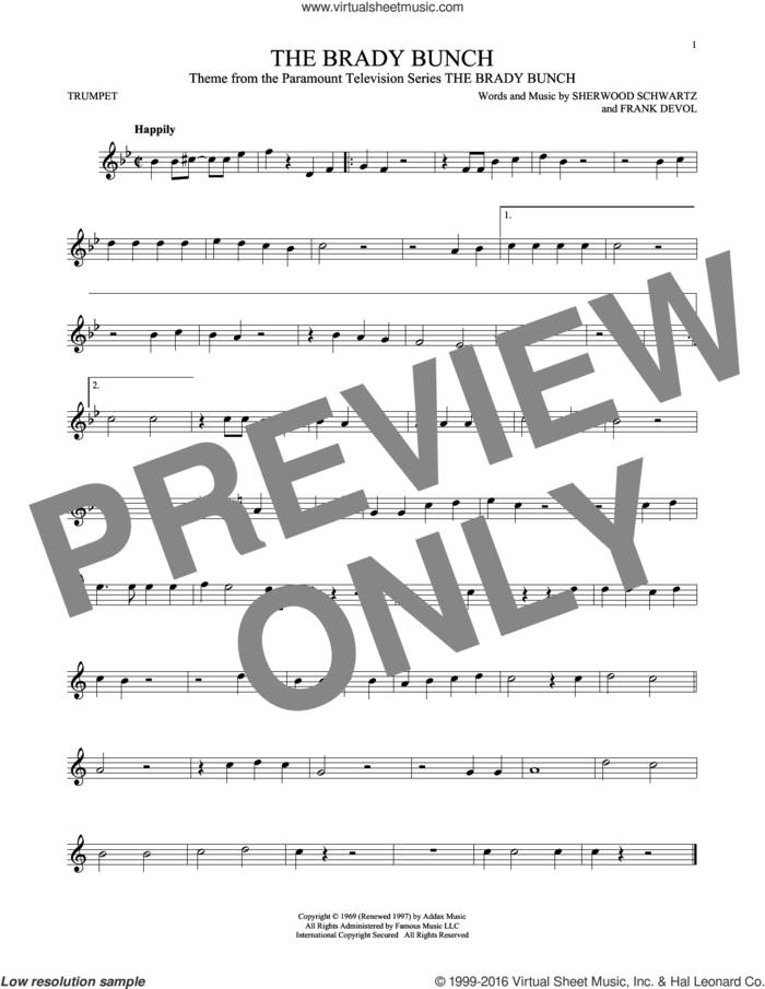 The Brady Bunch sheet music for trumpet solo by Frank DeVol and Sherwood Schwartz, intermediate skill level
