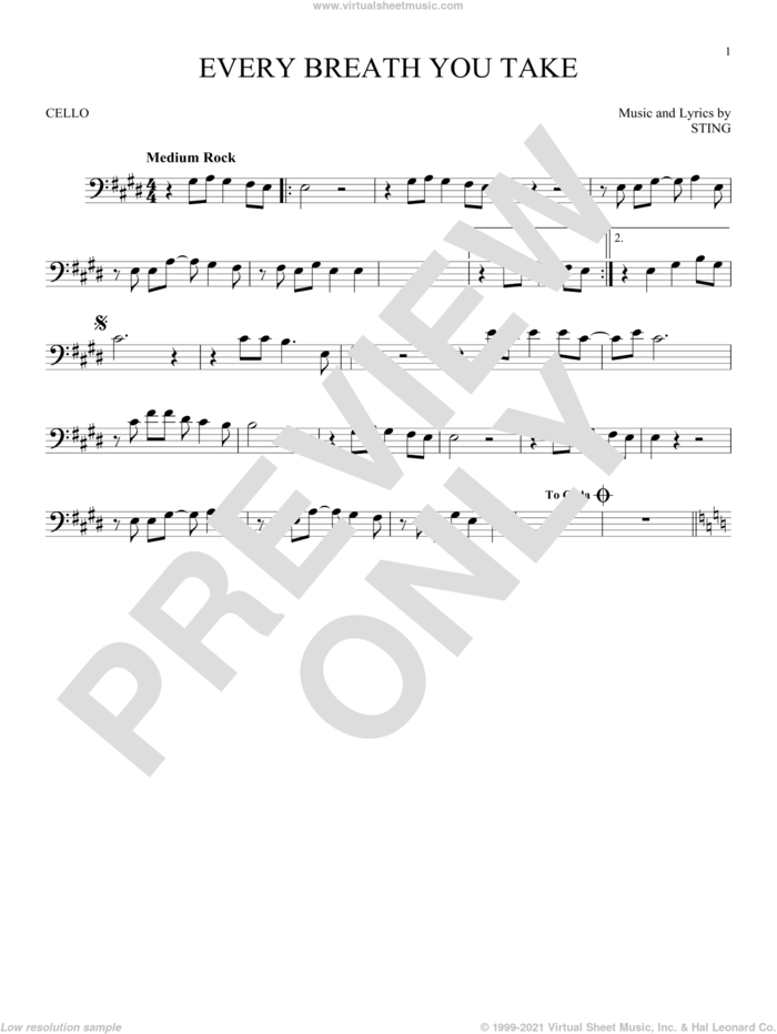 Every Breath You Take sheet music for cello solo by The Police and Sting, intermediate skill level