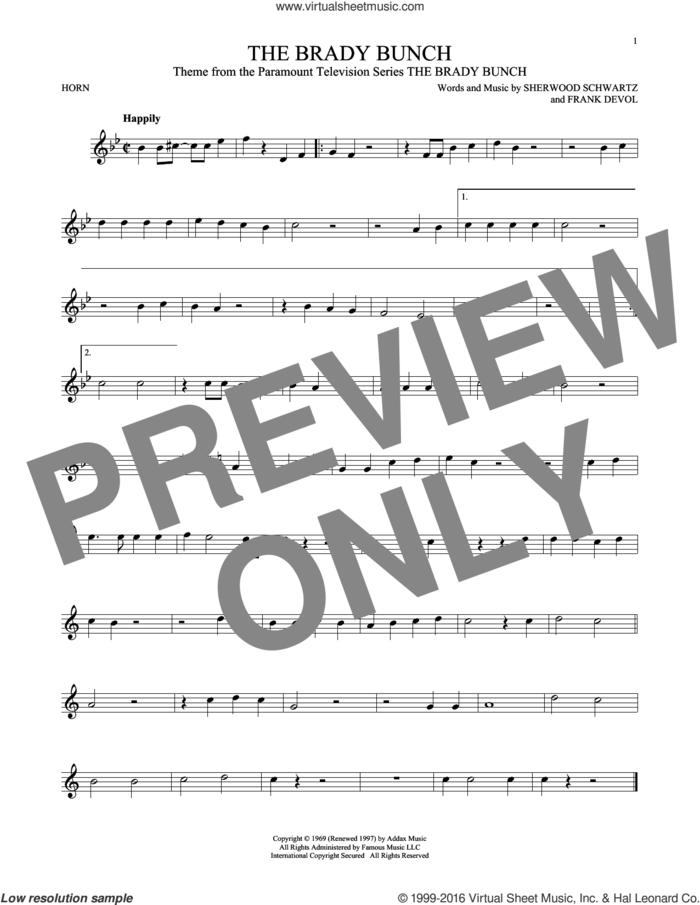The Brady Bunch sheet music for horn solo by Frank DeVol and Sherwood Schwartz, intermediate skill level