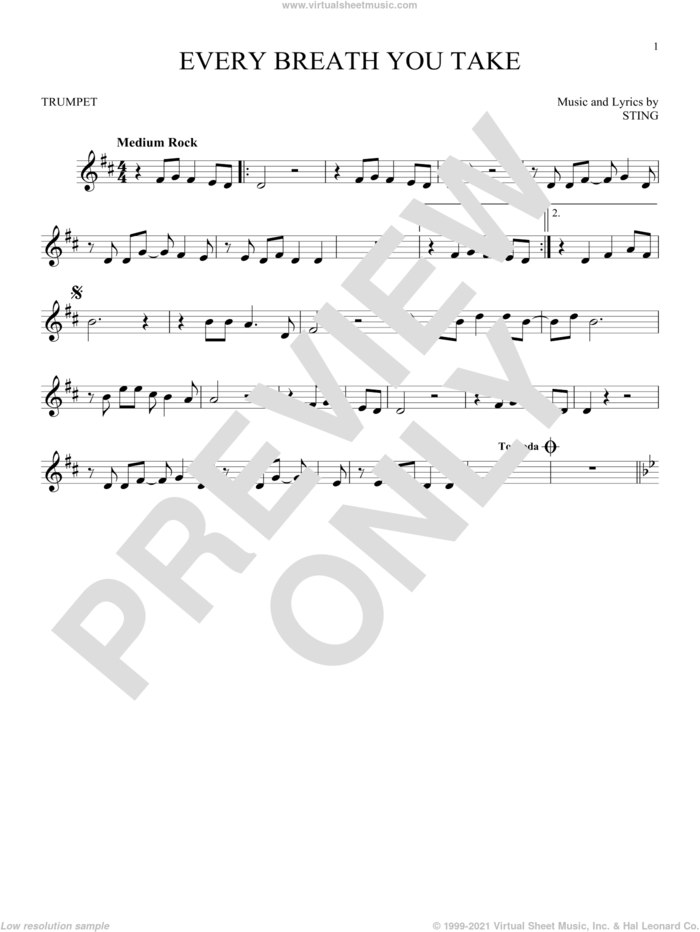 Every Breath You Take sheet music for trumpet solo by The Police and Sting, intermediate skill level