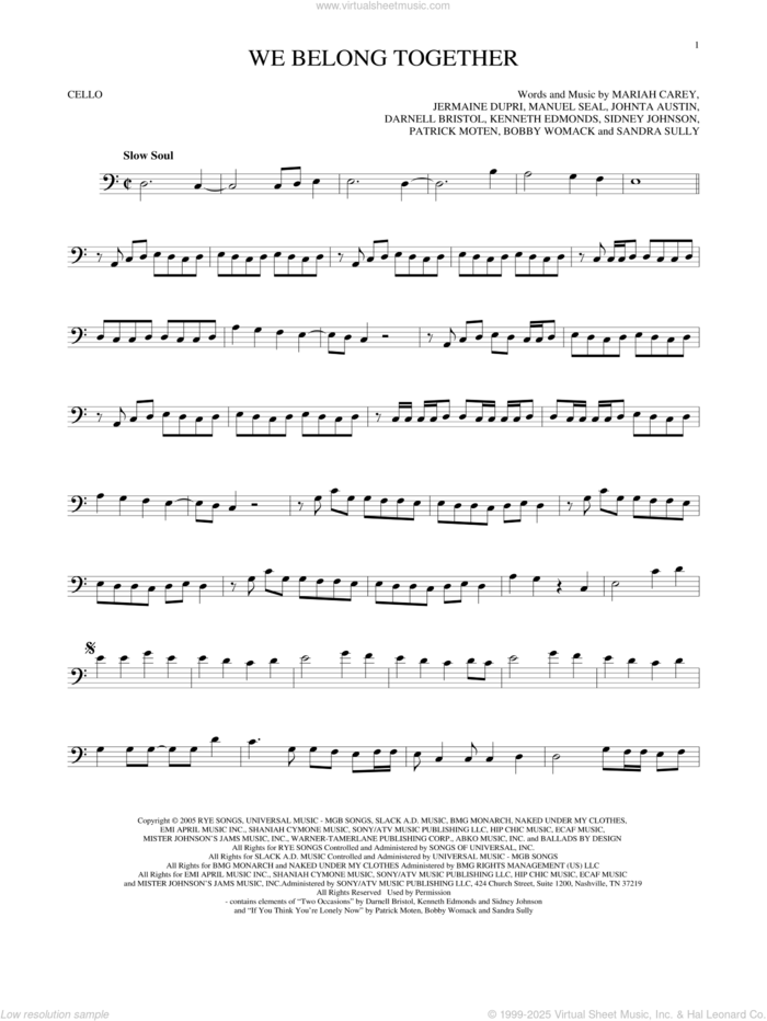 We Belong Together sheet music for cello solo by Mariah Carey, intermediate skill level