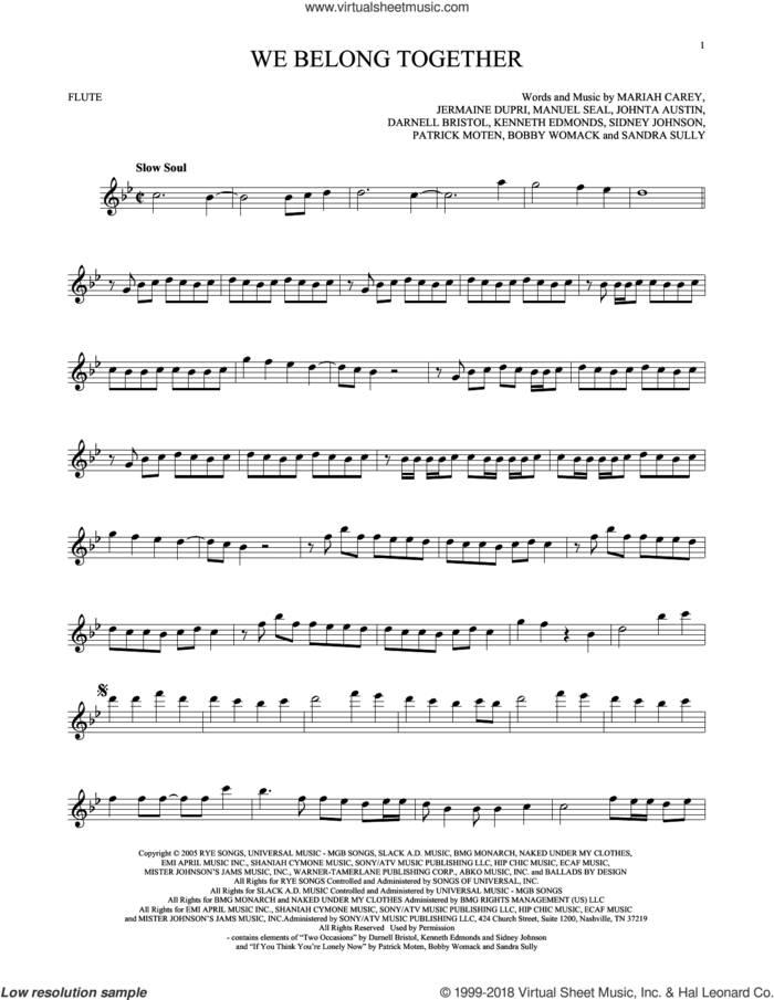 We Belong Together sheet music for flute solo by Mariah Carey, intermediate skill level