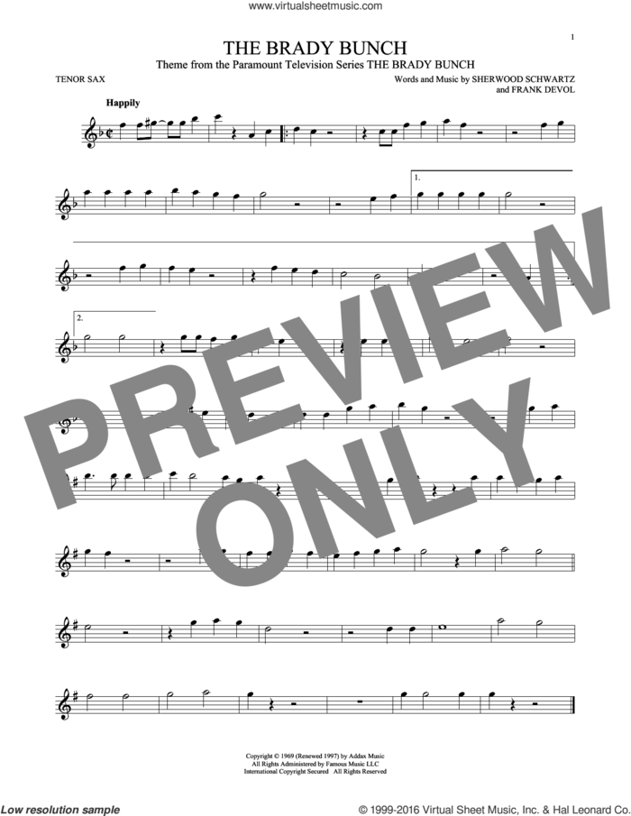 The Brady Bunch sheet music for tenor saxophone solo by Frank DeVol and Sherwood Schwartz, intermediate skill level