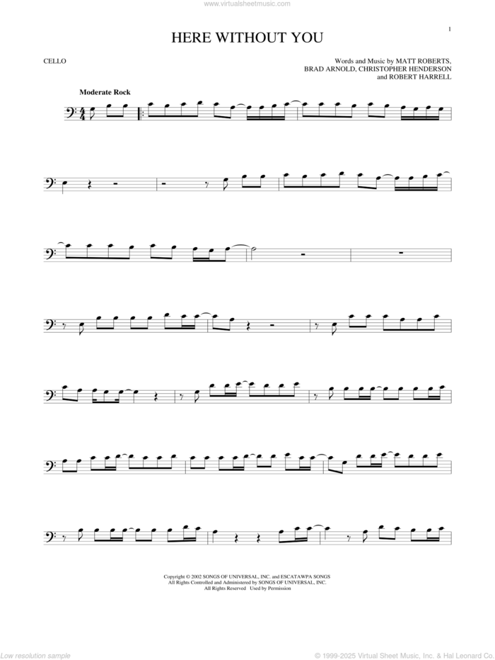 Here Without You sheet music for cello solo by 3 Doors Down, Brad Arnold, Christopher Henderson, Matt Roberts and Robert Harrell, intermediate skill level