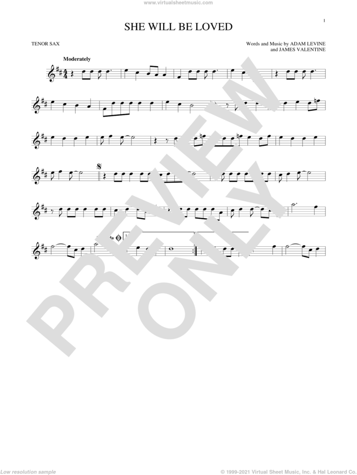 She Will Be Loved sheet music for tenor saxophone solo by Maroon 5, Adam Levine and James Valentine, intermediate skill level